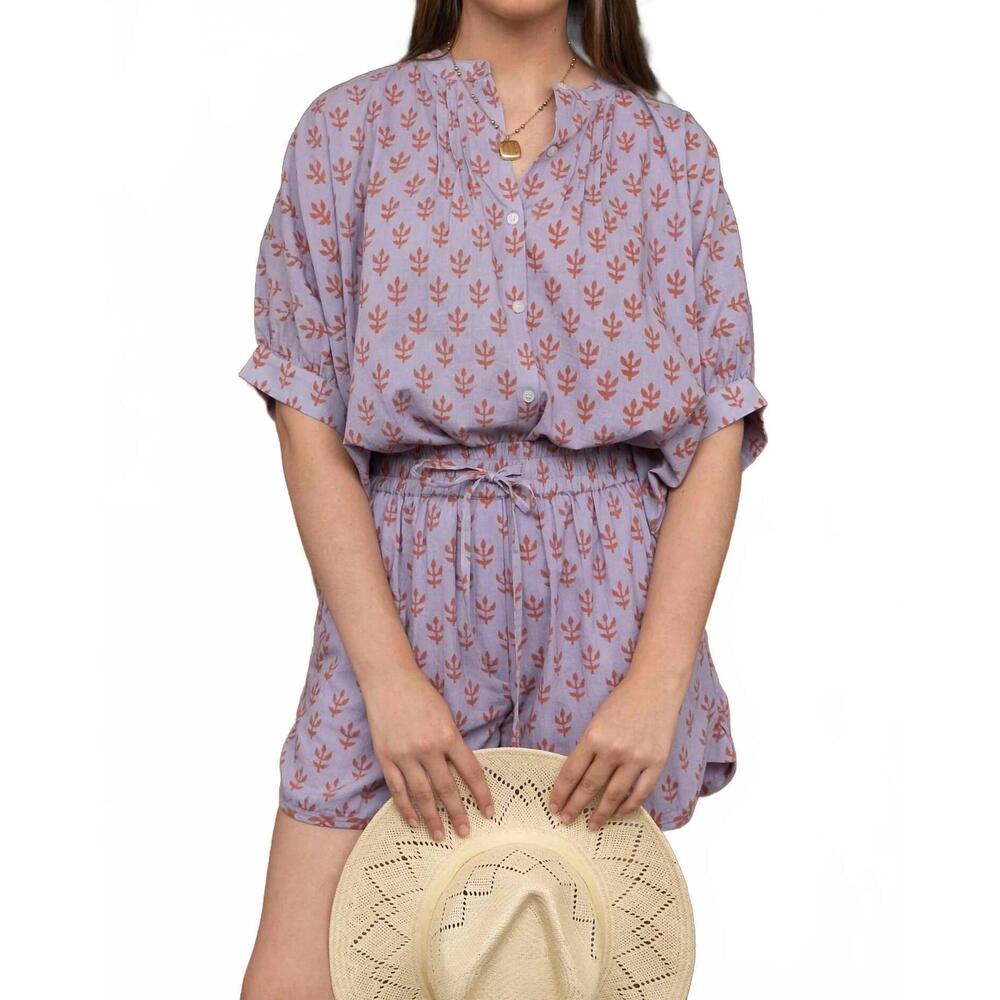 NEW EXVOTO poppy button front blouse in lavender/ginger blockprint